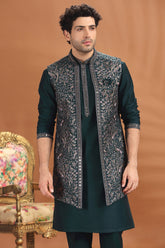 Bottle Green Silk Embroidered Kurta Pajama with Jacket